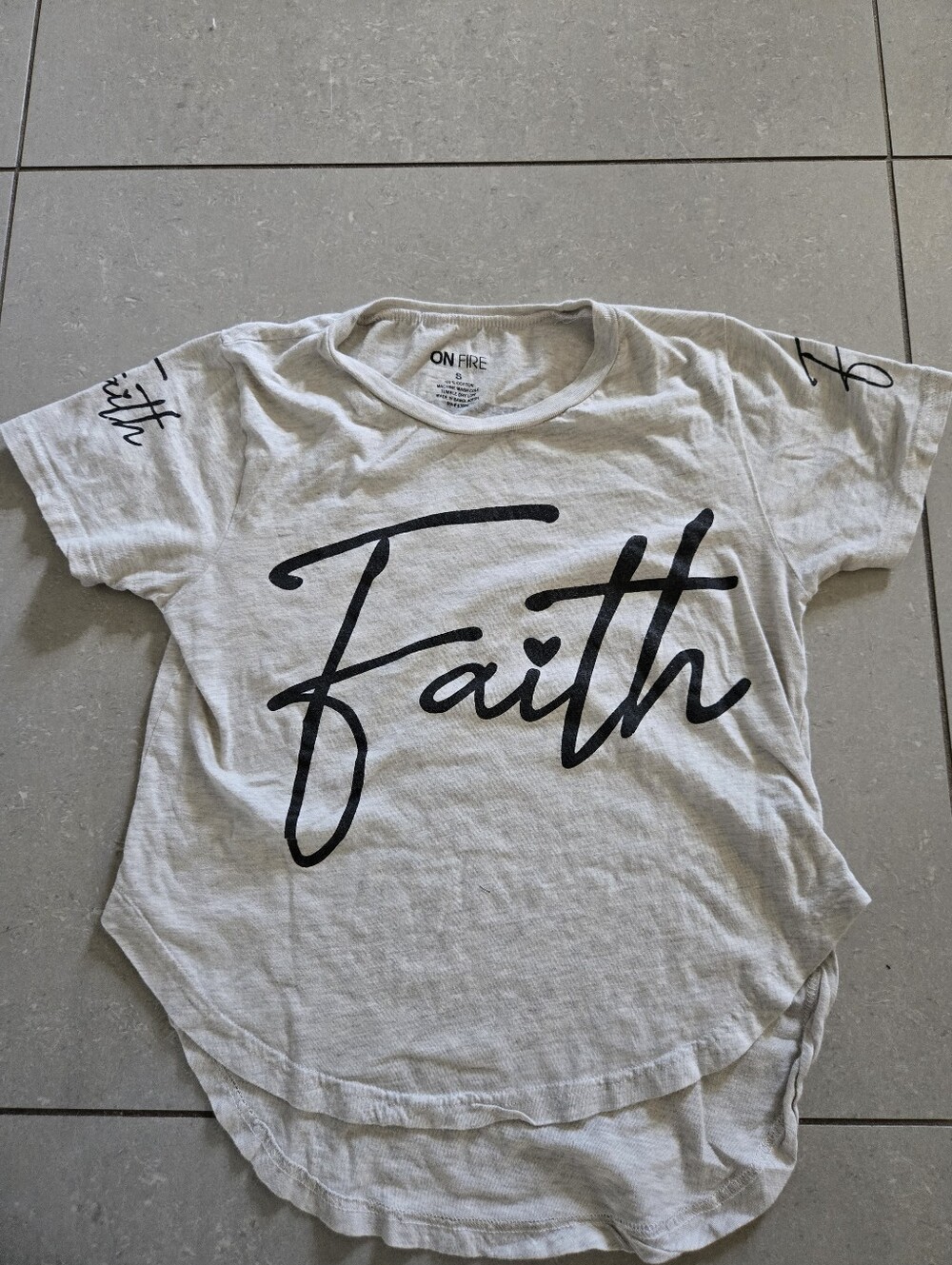 On Fire Kids Short Sleeve Tee in Light Gray with Black 'Faith' Script